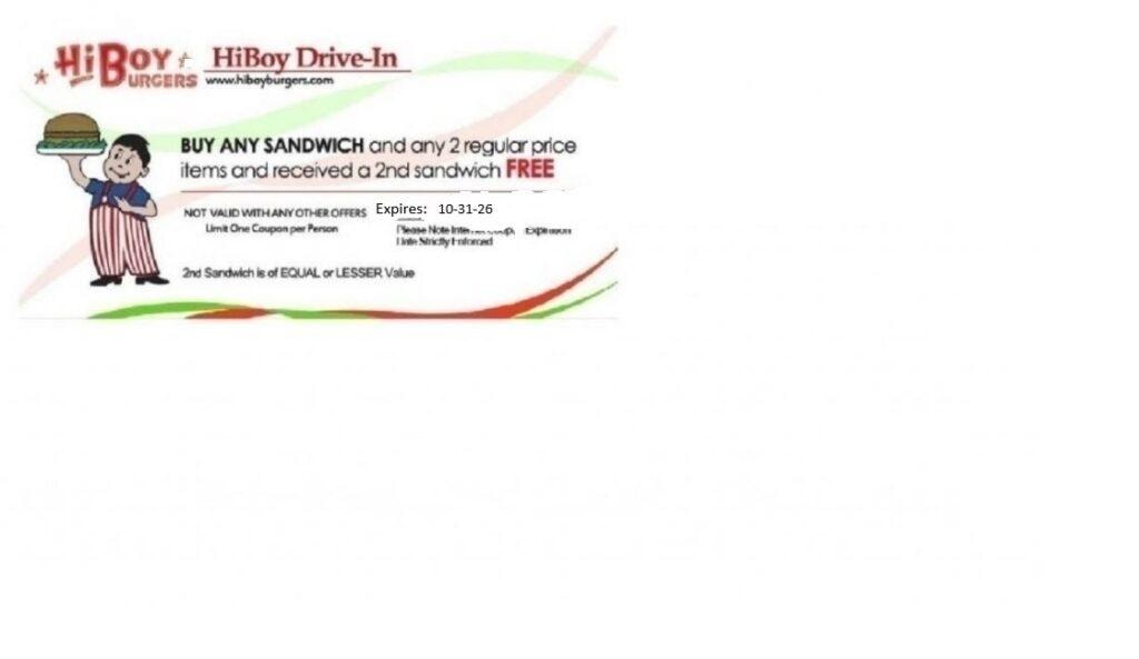 HiBoy Drive-In coupon — Buy any sandwich and get a 2nd sandwich FREE
